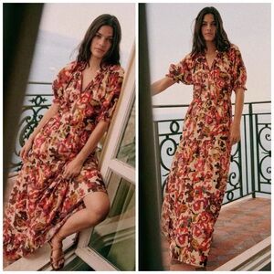 Sezane Chufy Mayla Dress Abstract Floral Tired Cotton Wedding Maxi Size 2